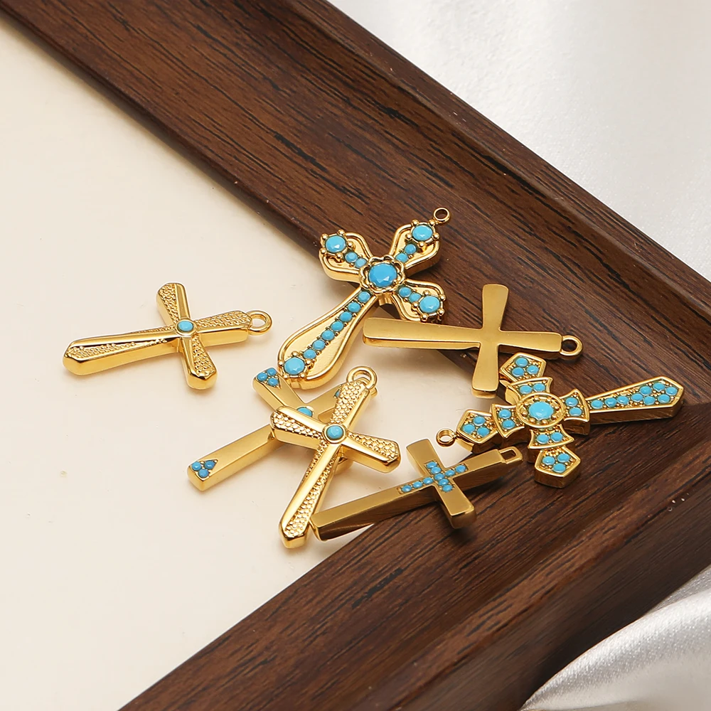 4 Stück Edelstahl-Türkis-Stein-Kreuzanhänger für DIY-Schmuckherstellung, Damen-Halsketten, Anhänger, Armbänder, Ohrringe – Detail 4
