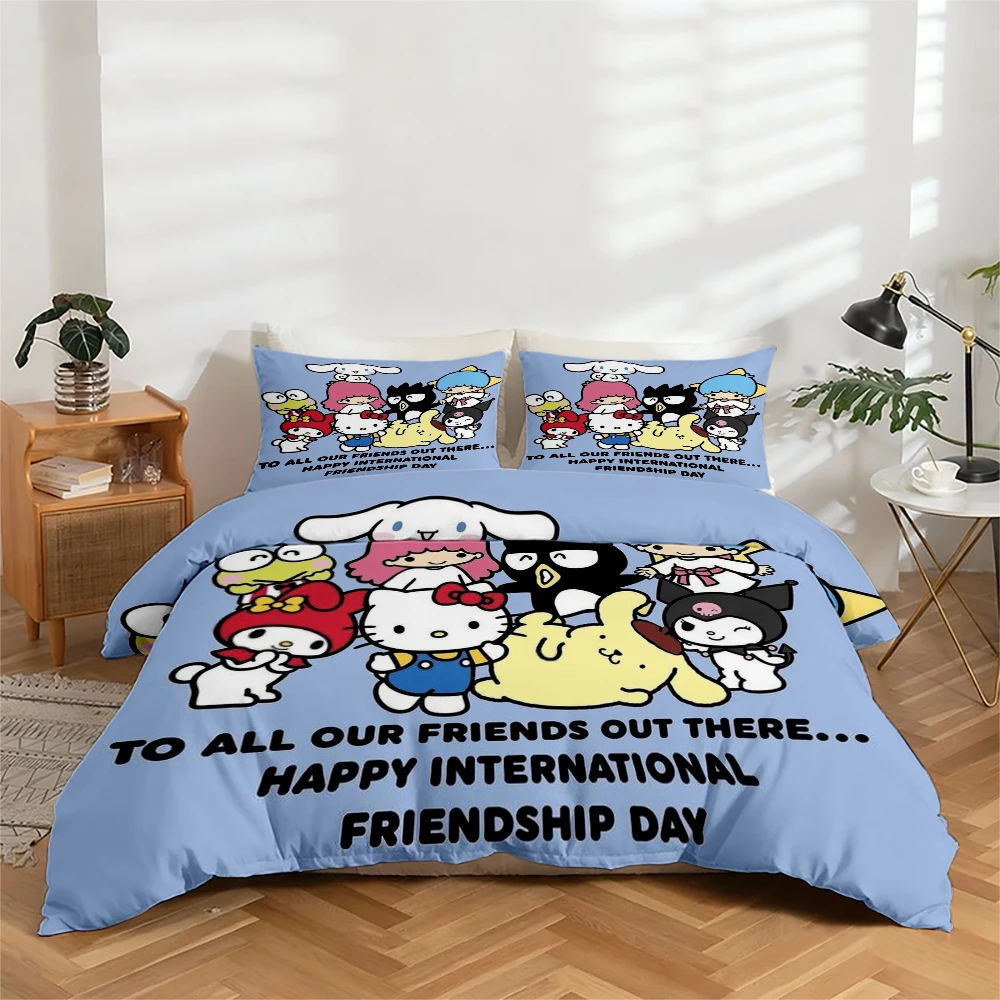 

3-Piece High-Definition Digital Printed Bedding Set, Large Patterned Duvet Cover Set with Cartoon Designs Such as My Melody and Hello Kitty, Includes 1 Duvet Cover + 2 Pillowcases, Suitable for Bedroom, Guest Room, Home Decoration, Polyester Fiber Duvet C