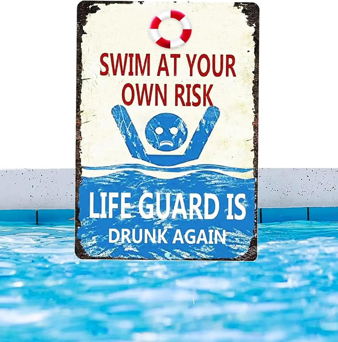 Y1,Man Cave Deco Retro Metal tin Sign Swim At Your Own Risk Lifeguard Is Drunk Again Pool Funny Shop Home Posters Wall De