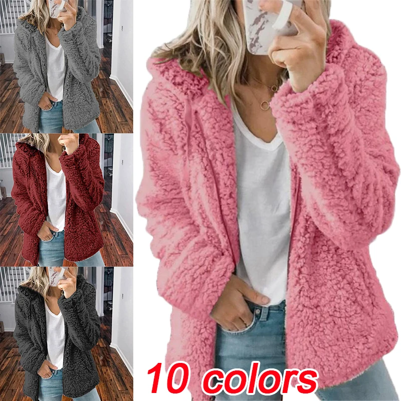 

Women's fashionable winter warm flip collar zippered hooded jacket women's long sleeved cardigan plush hooded jacket