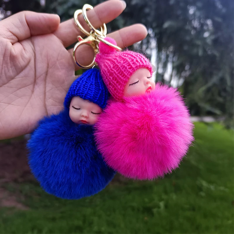 Cute Sleeping Baby Furry Pompon Keychain - Soft Plush Ball Car Bag Charm Pendant (R, One Size)