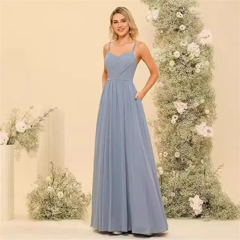 

Элегантное шифоновое платье А-силуэта с разрезом, плиссировкой и тонкими бретелями для подружек невесты, на свадьбу, вечеринку, выпускной, вечернее, длинное, до пола, с молнией сзади