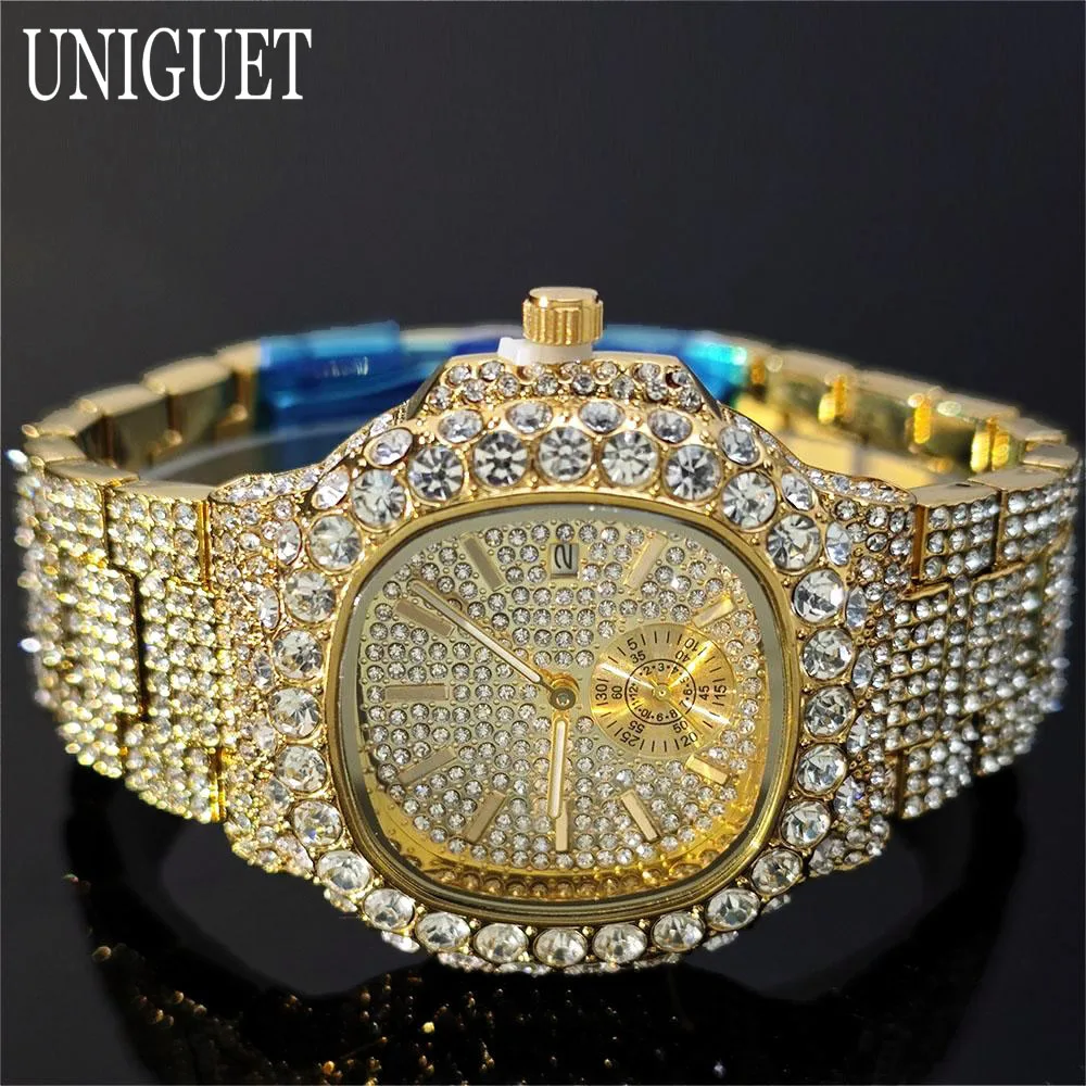 UNIGUET Lxuxry Iced Watch For Men Gold Stainless Steel Quartz Watches Fashion Hip Hop Full Diamonds Wristwatch Man Dropshipping