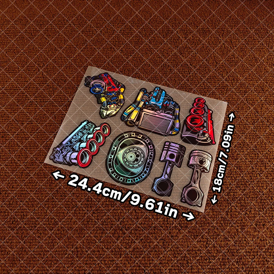 6 pieces of car stickers - Turbo Snail, Gradient Material, JDM Car Engine, Pistons, Dashboard, Nitrogen, Turbine Stickers