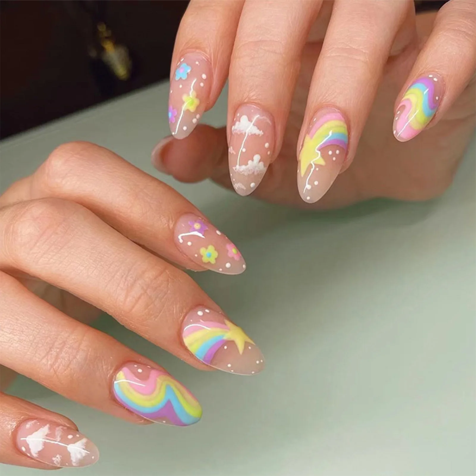 24pcs Cute Colorful False Nail Tips for Girl Rainbow Cloud Star Printed Almond Fake Nails Full Cover Reusable Adhesive Fake Nail