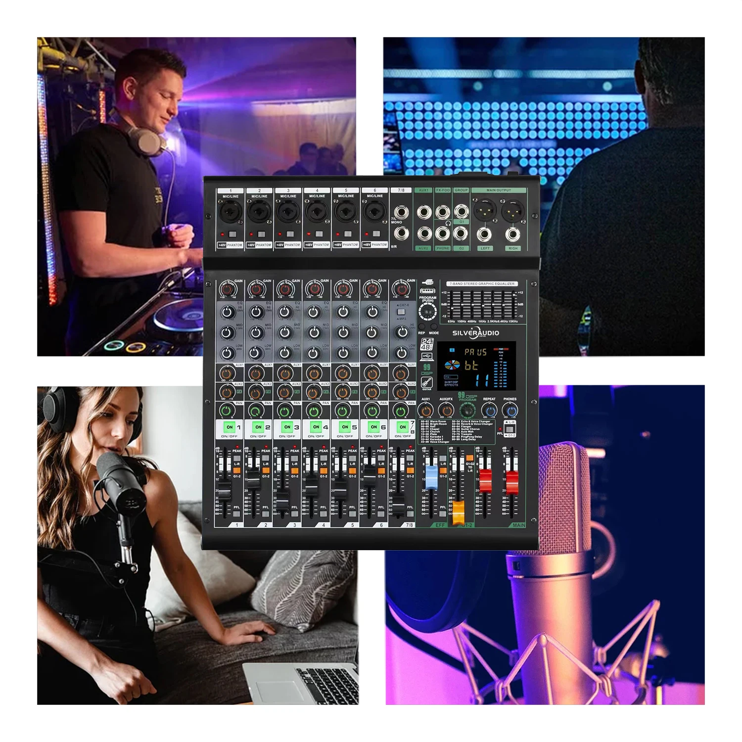 Mezclador de audio profesional GAX-GS8 de 24 bits y 48 V con grabación USB MP3, mezclador 99DSP, pantalla LED para transmisión en vivo, creación de contenido