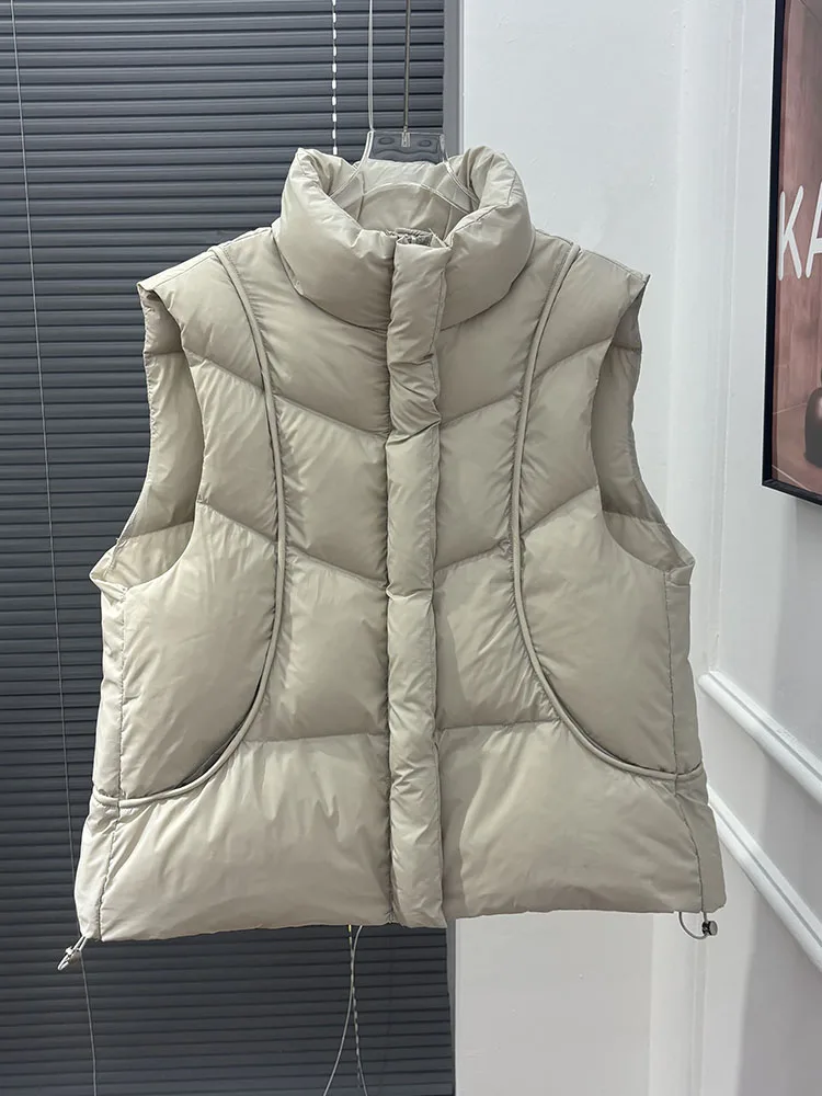

Autumn Winter Warm Puff Stand Collar Down Vest Female Double Zipper Solid Waistcoats Women White Duck Down Sleeveless Loose Vest