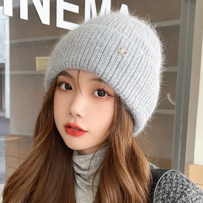 Versatile Casual Solid Colour Padded Rabbit Hair Hat Female Rolled Edge Shiny Ear Protection Knitted Hat Ski Riding Warm Winter