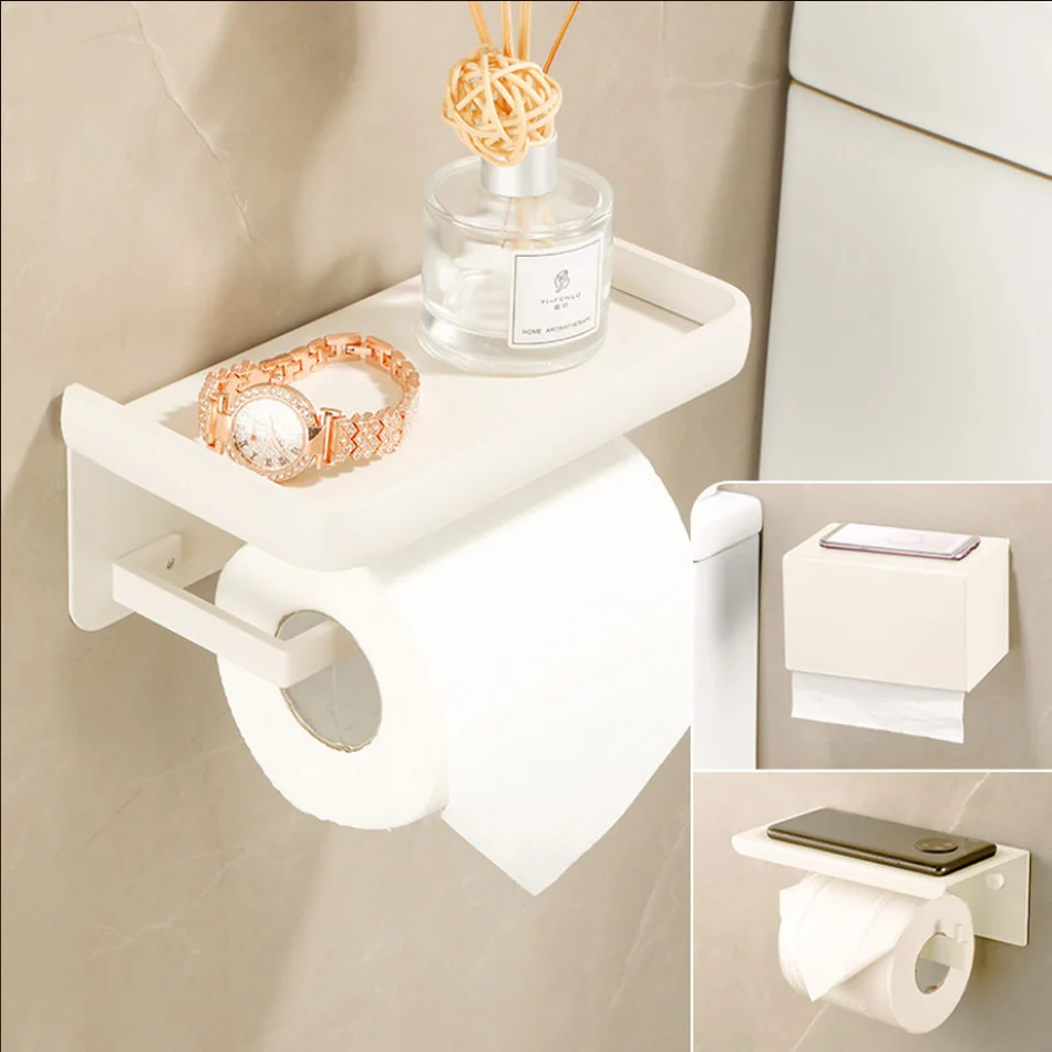 

Cream White Paper Holder with Shelf Aluminum Creative Toilet Kitchen Bathroom Paper Roll Storage Rack Wall Mounted Tissue Holder