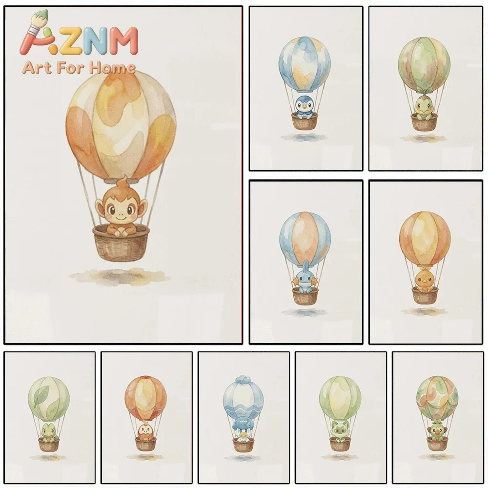 2D Flat Posters & Prints,Chimchar Hot Air Balloon Watercolor Canvas Wall Art,2D Flat Frameless Anime Monster Print,Home Decor