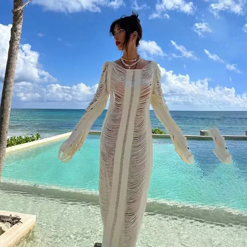 Vestido de punto con espalda descubierta para mujer, traje de baño Sexy de ganchillo, manga larga, transparente