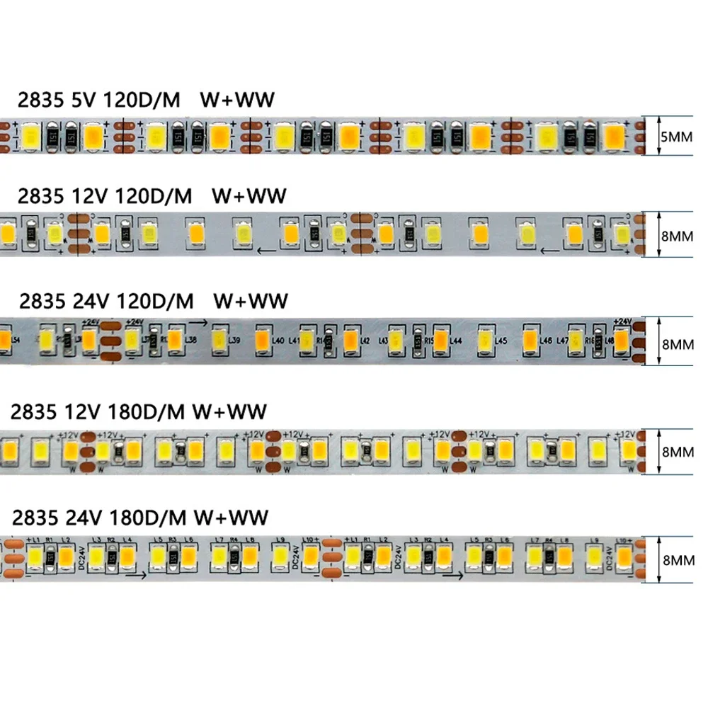 2835 CCT 2 w 1 Taśma LED 120LED/M 180LED/M Podwójny kolor Ciepła biała i biała taśma LED 5V 12V 24V DC elastyczna taśma świetlna led