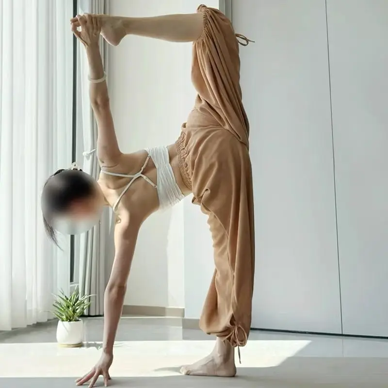 New Chinese Style Relaxing Yoga Pants Women's Mid-high Waist Loose Breathable Tying Foot Straps Bloomers Trousers Wide-leg Pants