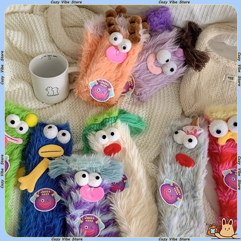 

Забавные уродливые носки с плюшевыми монстрами, осень-зима, толстые теплые домашние носки-тапочки, мягкие красочные полосатые носки для сна, женские подарки для пар