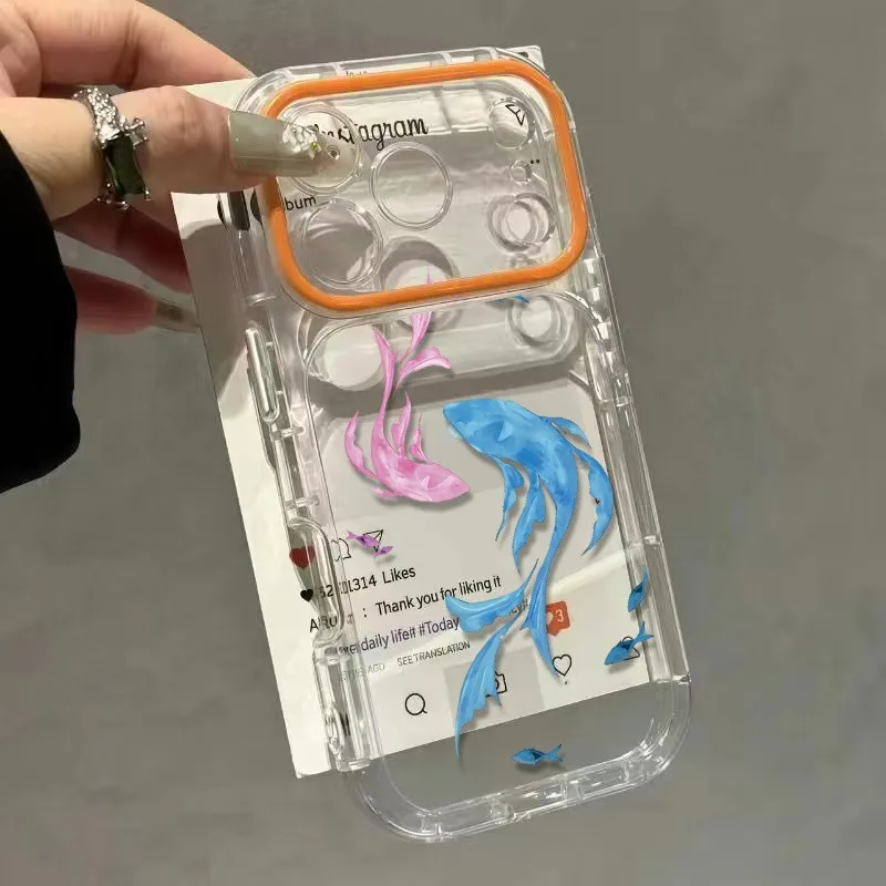Cute Watercolor Koi Fish Print Clear Phone Case For iPhone 18 Pro 17 16 15 14 13 12 11 16Pro Max Contrast Color Lens Bezel Cover