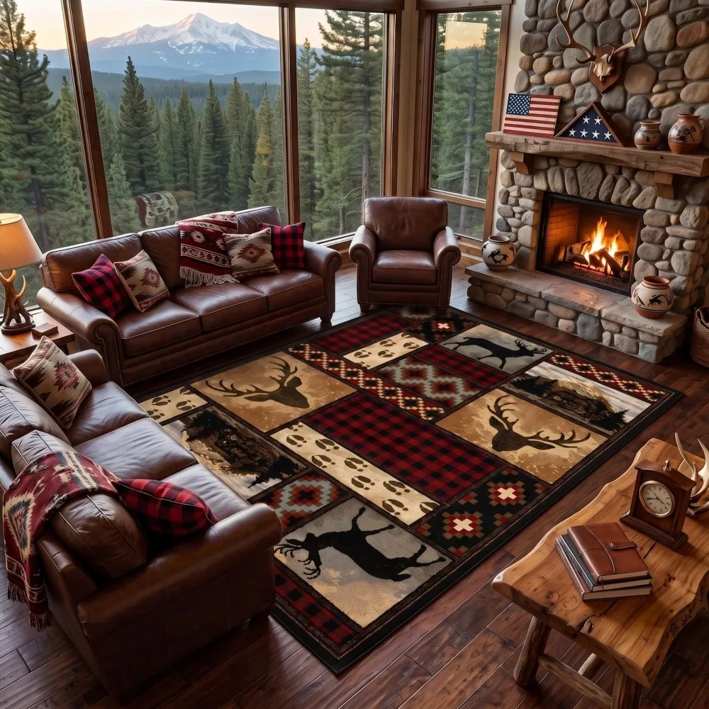Rustic Lodge Bear Moose Cabin Carpet Living Room Bedroom Rug Southwest Aztec Geometric Floor Mat Western Mountain Cabin Doormat