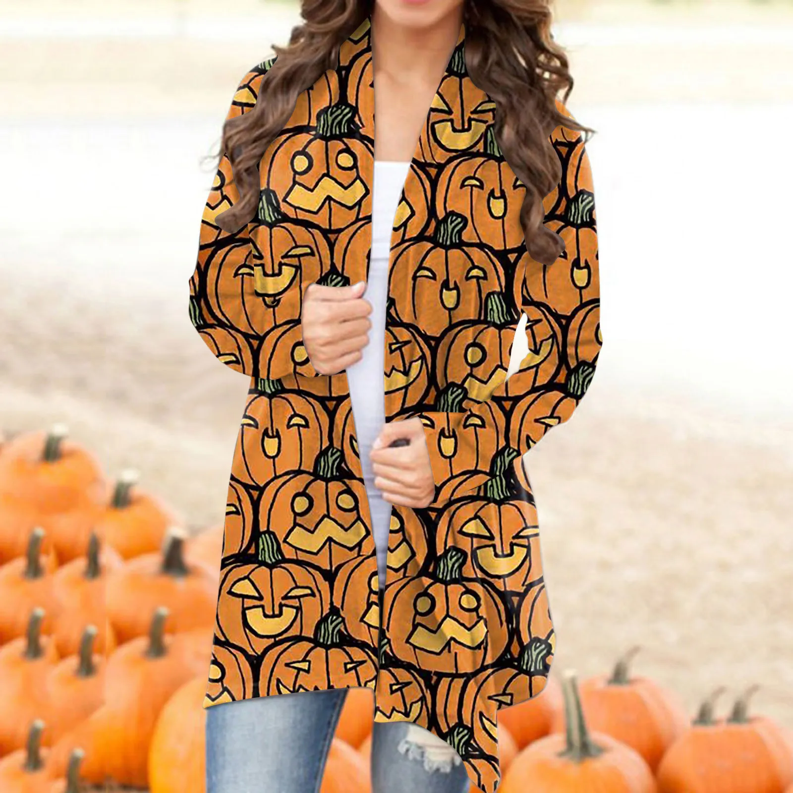 2024 Halloween Cardigan Pumpkin Cat Spider Bat Cartoon Print Long Sleeve Open Front Outwears Plus Size Loose Casual Women Tops