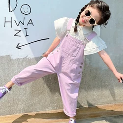 Fantasy purple Girls Overalls Middle Big Children's Loose Overalls Children's Casual Cropped Pants Summer Thin Suspenders