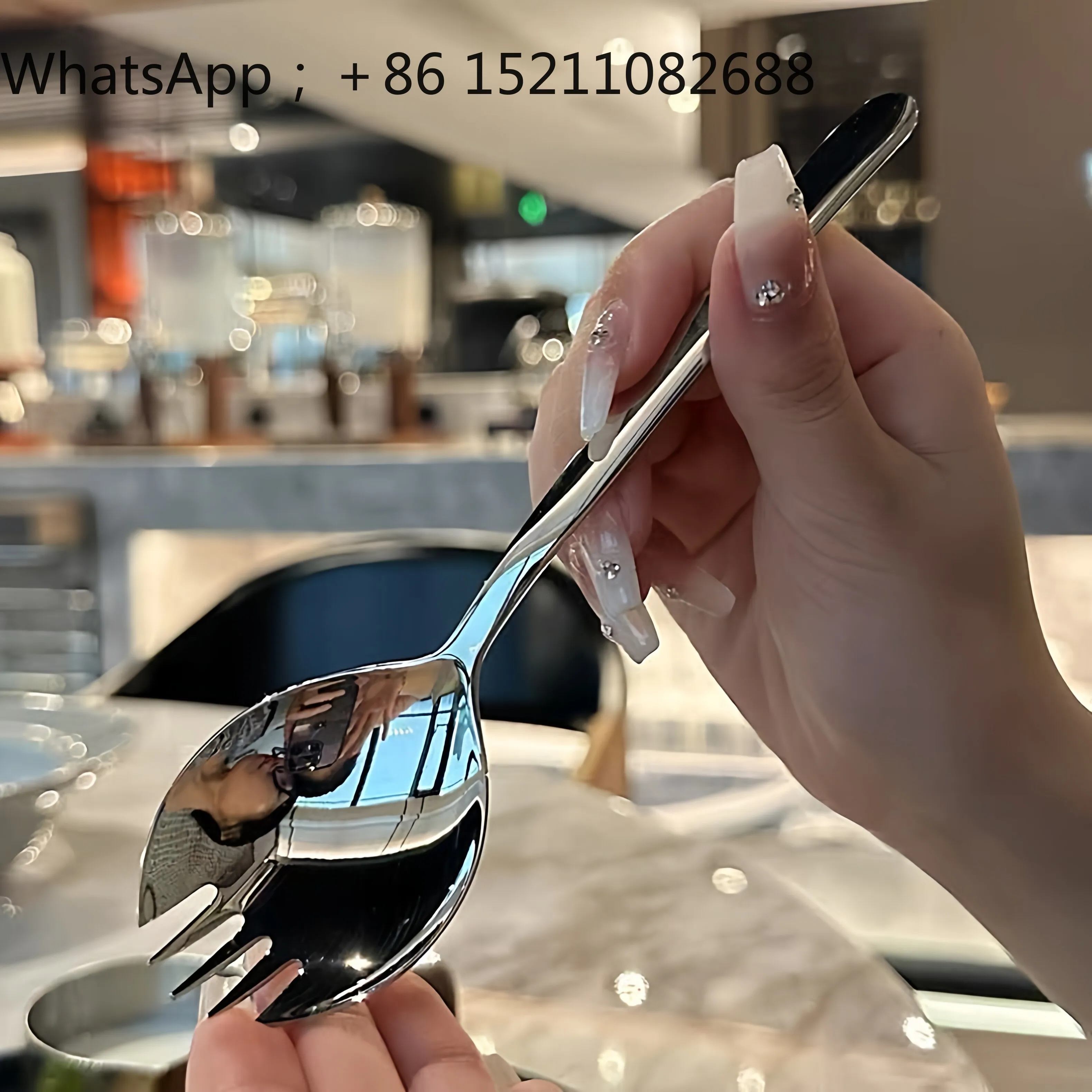 LLY high-quality light luxury appearance spoon and fork integrated watermelon spoon dual-purpose toothed thickened salad spoon