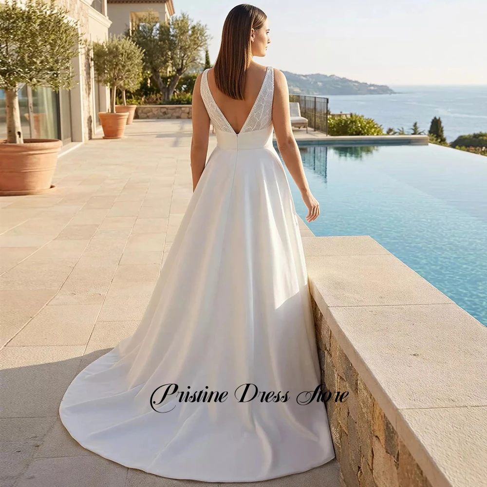 Sexy A-Line Lace Deep V-Neck Wedding Dress for Brides High Quality Customized Sleeveless Jersey Bridal Gowns vestido de novia