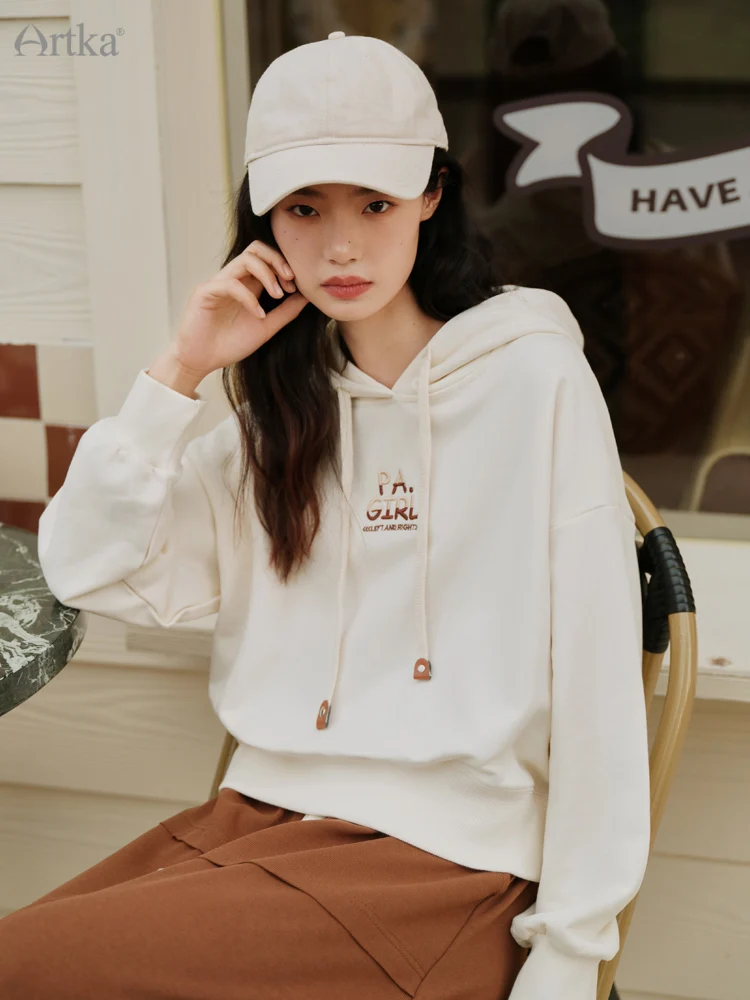 ARTKA 2022 Autumn New Women Hoodies 100% Cotton Fashion Casual Letter Embroidery Sweatshirt Loose White Hoodies Female IZA92025Q