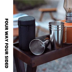 4-piece Stainless Steel Mini Water Glass with Black Leather Outdoor Camping Practical Travel Whiskey Wine Glass 30ml/70ml/160ml