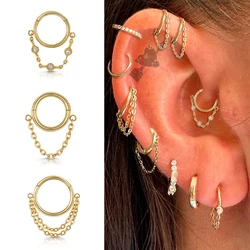 1pc Stainless Steel Hoop Earrings with Chain Simple Septum Piercing Nose Rings Women Gold Color Tragus Rook Ear Piercing Jewelry