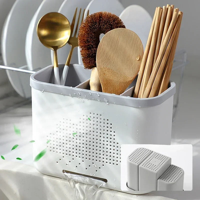 Kitchen Double Layer Drain Chopsticks Cage Multifunction Cutlery Hollow Drainer Storage Rack Knife Holder Tableware Organizer