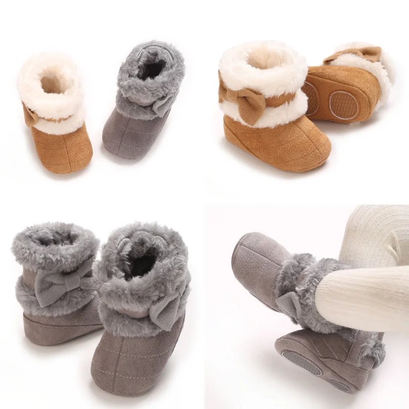 

Winter Plush Baby Shoes Cotton Boots With Bow Decoration Soft Sole Anti Slip Plush Warm 0-18M Baby Snow Boots