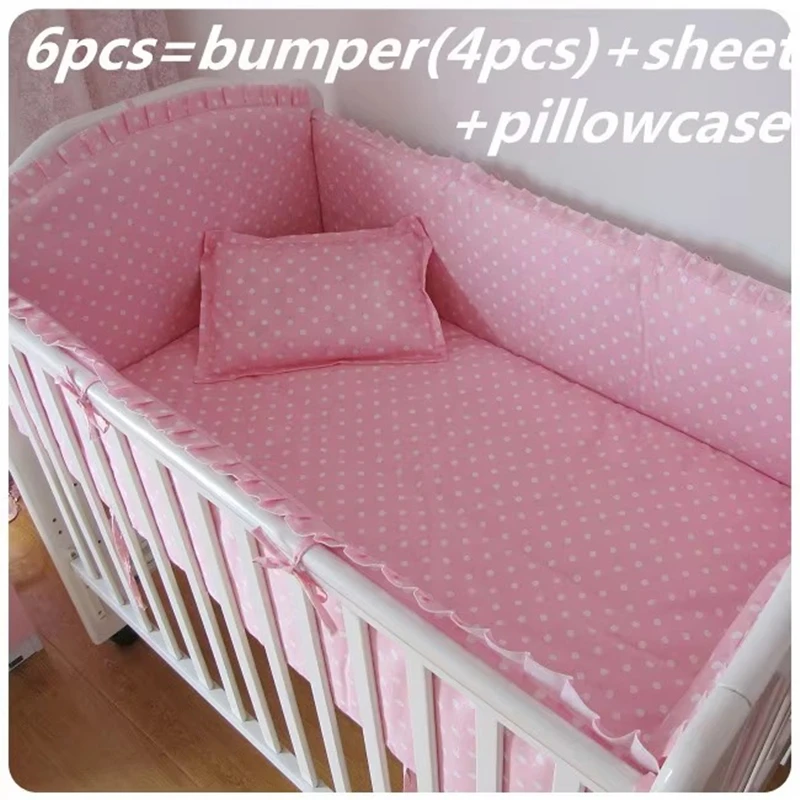 

6 шт. розовое хлопковое детское постельное белье, постельное белье для детской кроватки, плоские простыни для детской кроватки для девочек и мальчиков (4 бампера + простыня + подушка)