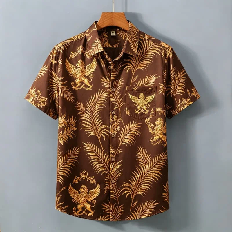 Men's Light Luxury Baroque Printed Short Sleeved Shirt With pockets, avant-garde And gorgeous, For Daily Wear And Vacation