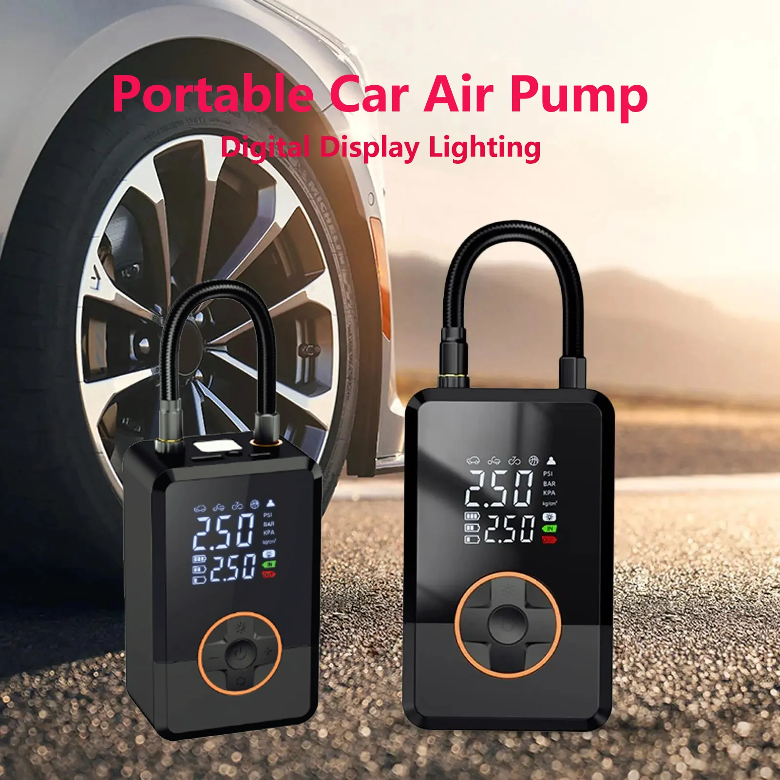 ปั๊มลมรถยนต์อัจฉริยะแบบพกพา จอแสดงผลดิจิตอล ไฟ LED สำหรับใช้งานกลางแจ้ง ปั๊มลมไร้สายสำหรับรถยนต์ จักรยาน ลูกบอล มอเตอร์ไซค์
