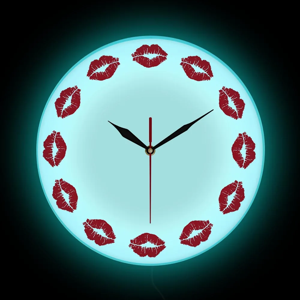 

Kiss Hot Red Lips LED Lighting Wall Clock For Girls Room Decor Salon Spa Professional Display Sign Luminous Glowing Wall Clock