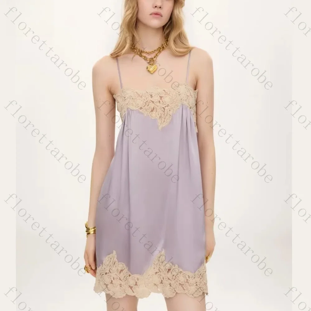 Customized Women Satin Slip Mini Dress Spaghetti Straps Floral Lace Patchwork Light Purple Romantic Summer Daily Cocktail Outfit