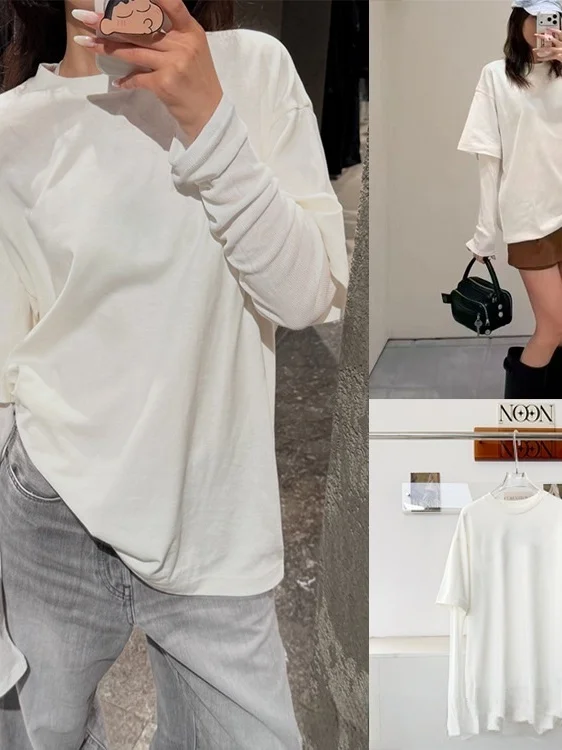 Casual Loose Long Sleeve T-Shirt Women's round Neck Top Comfortable Versatile Design Simple  Color Autumn Wear for Young...