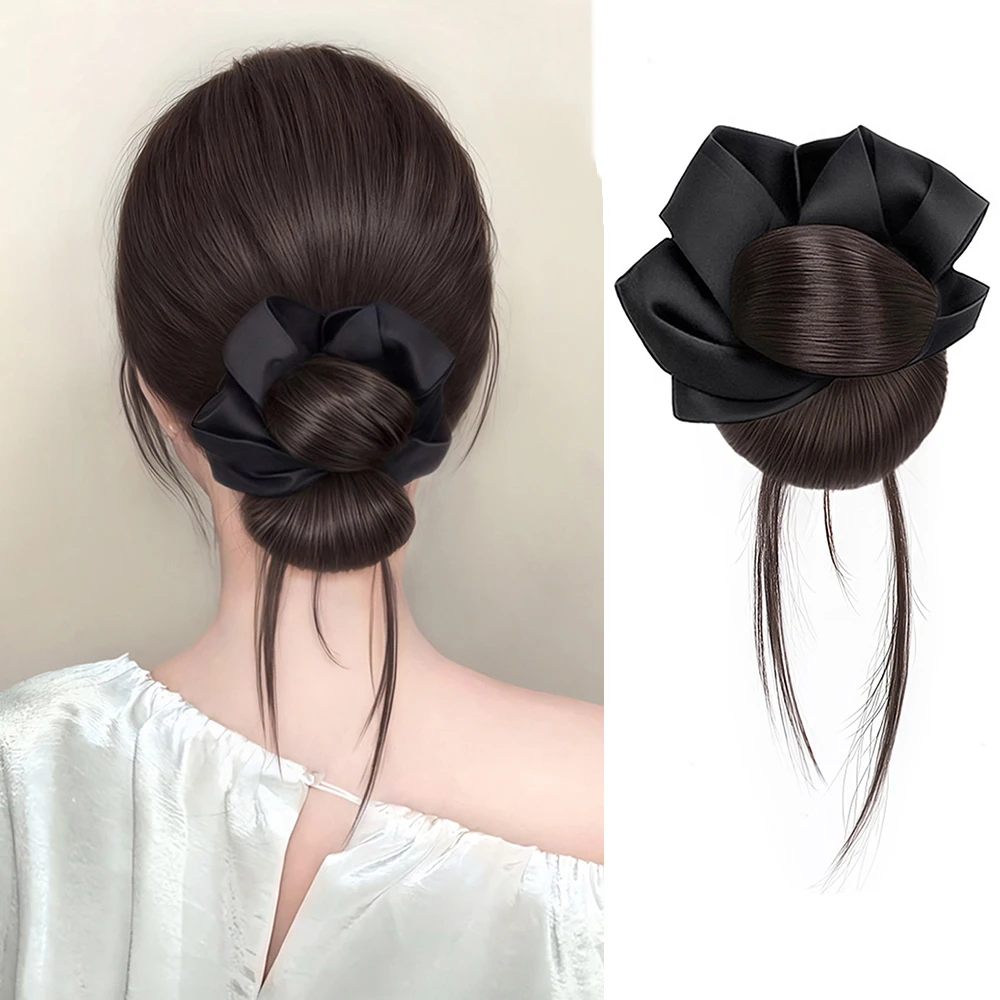 Black Synthetic Hair Loose Temples Claw Clip Hair Ring Fluffy Messy Bun Heat Resistant Hair Accessories for Women