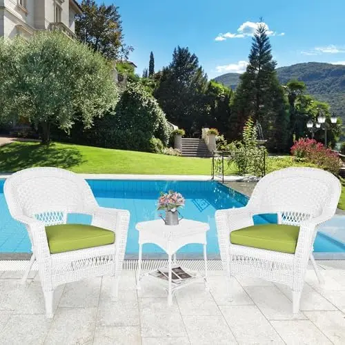 3-delige rieten bijzettafelset met groen stoelkussen, wit