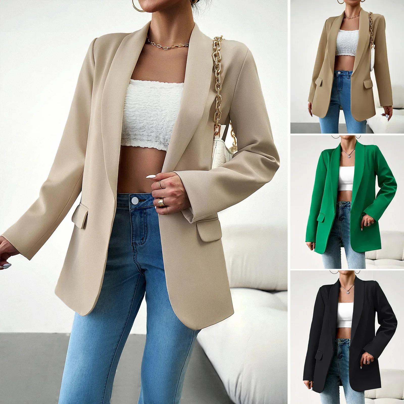 Solid Color Suits Jackets Outwear Office Lady Commuter Blazer Suit Coats Women Long Sleeve Slim Fits Open Stitch Tailored Coats