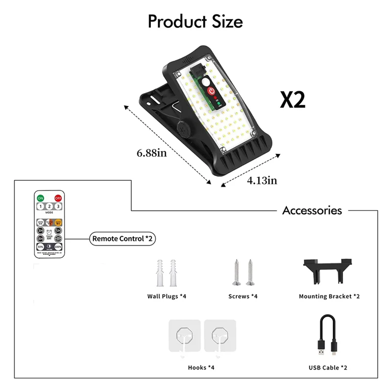 BYBS-2 Pack Clip On Solar Motion Lights Outdoor Waterproof With 800LM, 3 Color Temperature, USB & Remote Control, Solar Light