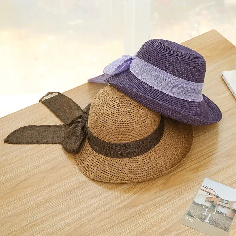 Summer Women's Bow Popular Straw Hat Holiday Sunscreen Curled Beach Sunshade Hats Linen Fisherman Straw-Hats Summer Sun Caps