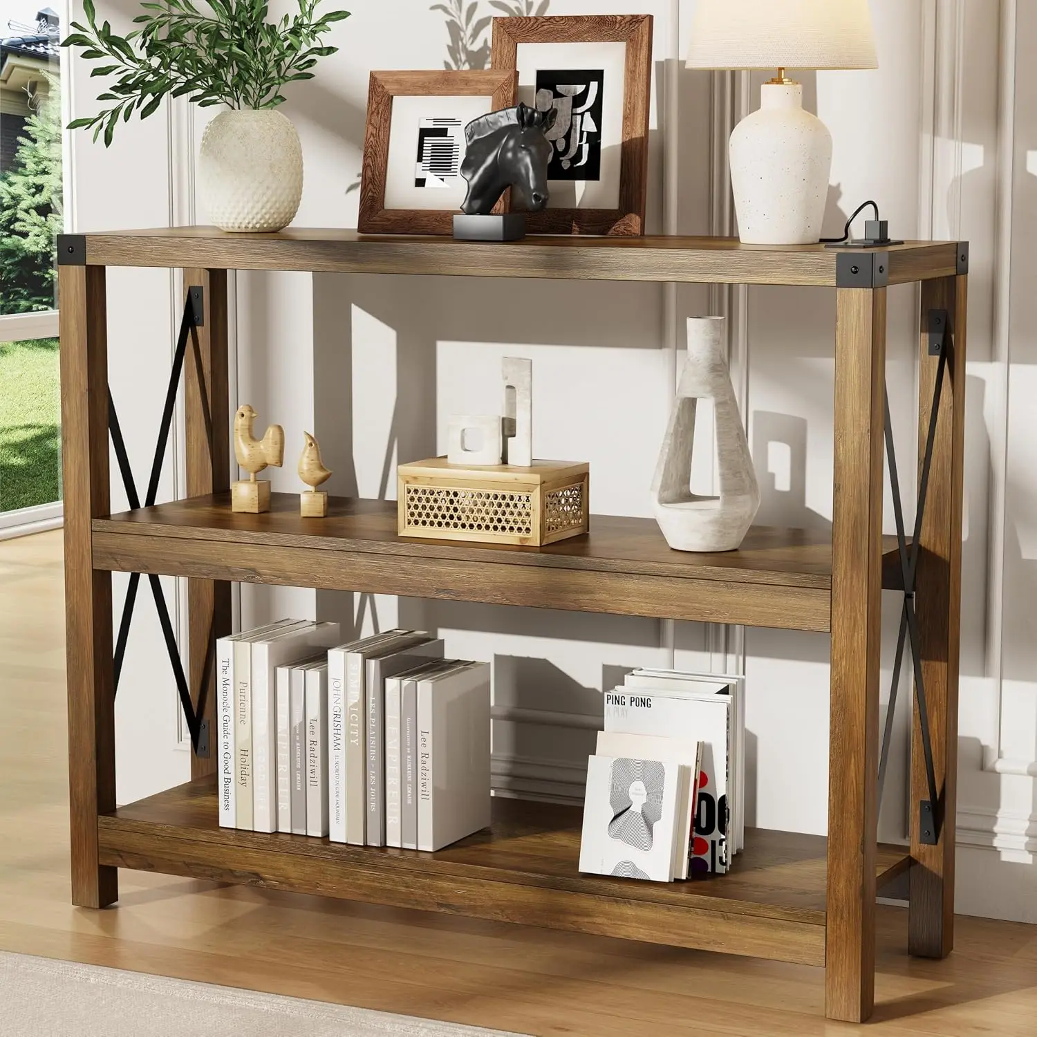 Entryway Console Table With Outlets & USB Ports, 3-Tier Open Shelves, Metal X-Design For Living Room Hallway, Customized