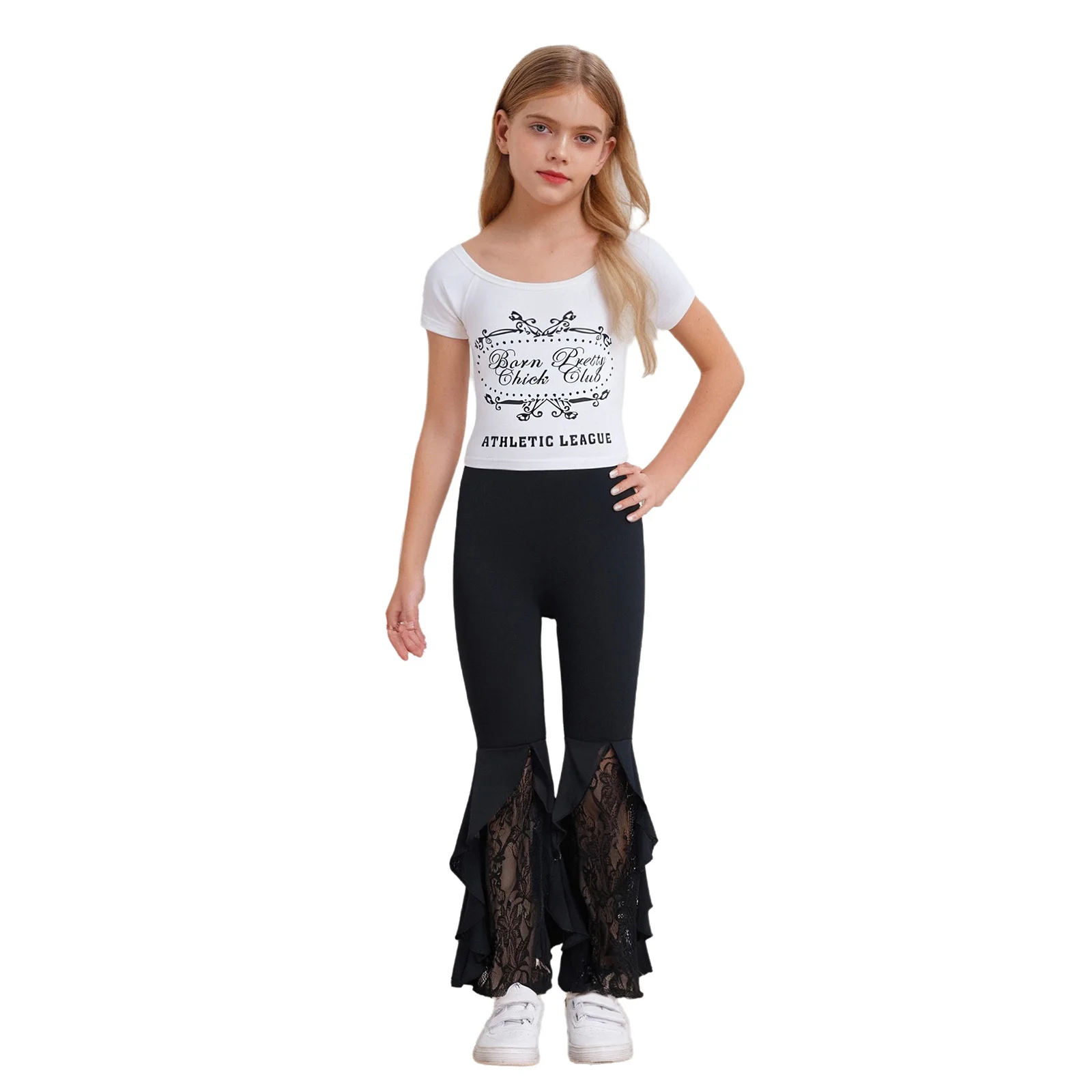 Kids Girls Fashion Clothes Outfit 2Pcs Short Sleeve Scoop Neck Letter Printed Top with Lace Patchwork Ruffled Bell-Bottom Pants