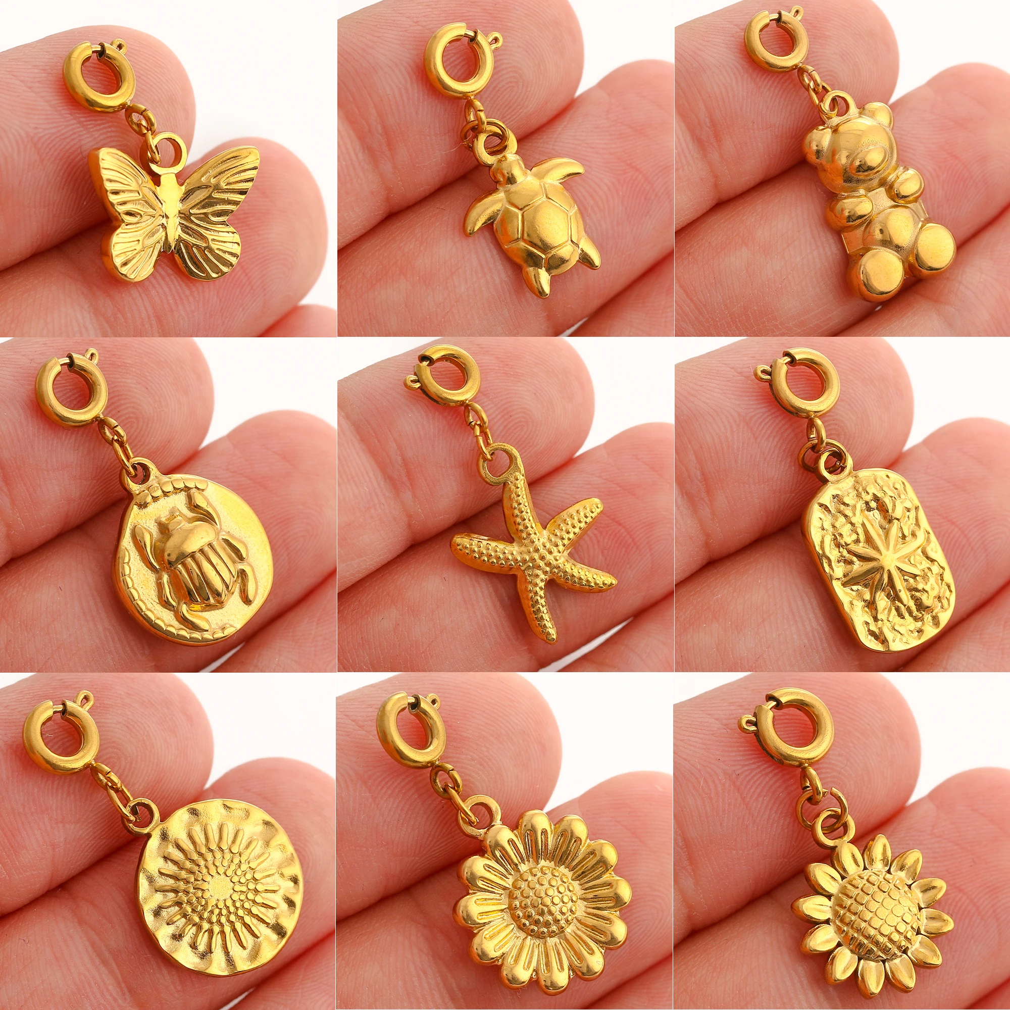 Fish Tail/Bear/Sun/Butterfly Charm With Clasp Stainless Steel 18K Plated Pendnat Diy Earring Necklace Jewelry Making Accessories