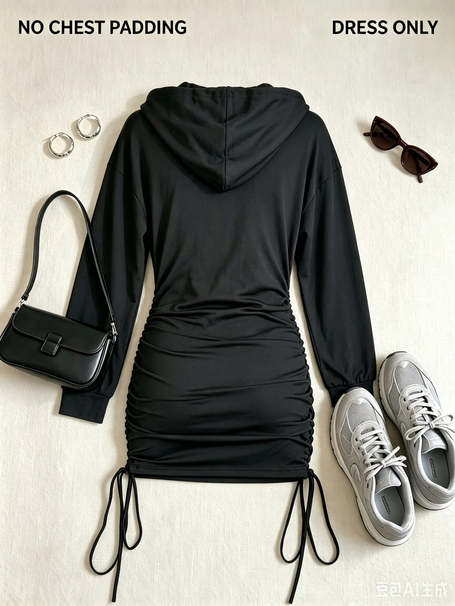 Ladies Solid Hooded Bodycon Mini Dress Long Sleeve Drawstring Ruched Stretch Fabric Streetwear Dresses