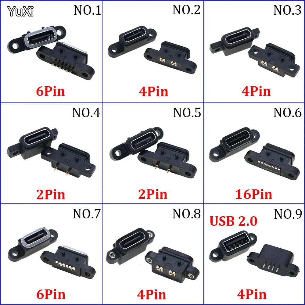 Waterproof Connector Type-C USB 2 4 6 16 Pin Female SMD DIP With Screw Hole For DIY PCB Design High Current Fast Charging Jack