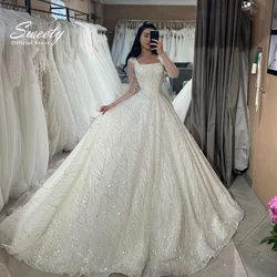 Luxurious Wedding Dress Lace With Sequins Ball Gown Full Sleeve Square Collar Prom Dresses Back Button Vestido De Novia Vintage