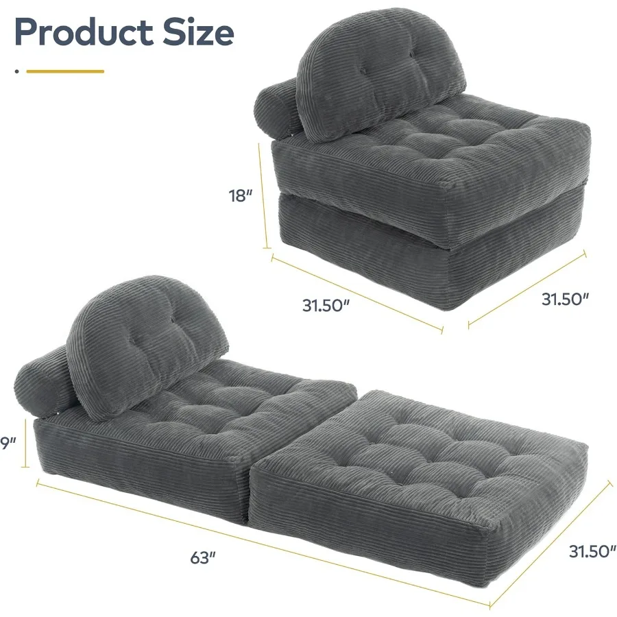 3-in-1 Convertible Corduroy Floor Sofa Bed with Adjustable Backrest & Detachable Waist Pillow – Soft Lazy Lounger for Living Room, Bedroom, Guest Room