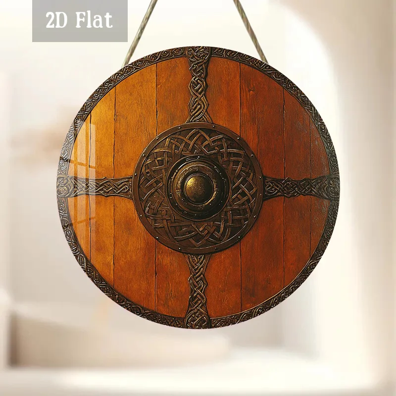 2D Flat, 1pc Nordic Viking Shield Round Wood Panel Painting, Celtic Knotwork Decoration Round Wall Decor Wooden Battle Shield Wa