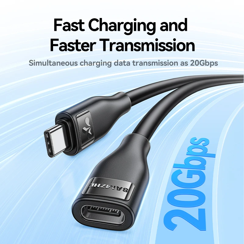 SAMZHE 100W PD Fast Charge Cable Male to Female Data Line 4K@60Hz Video Cord 20Gbps USB 3.2 Gen 2 Type C Extension Cable For PC