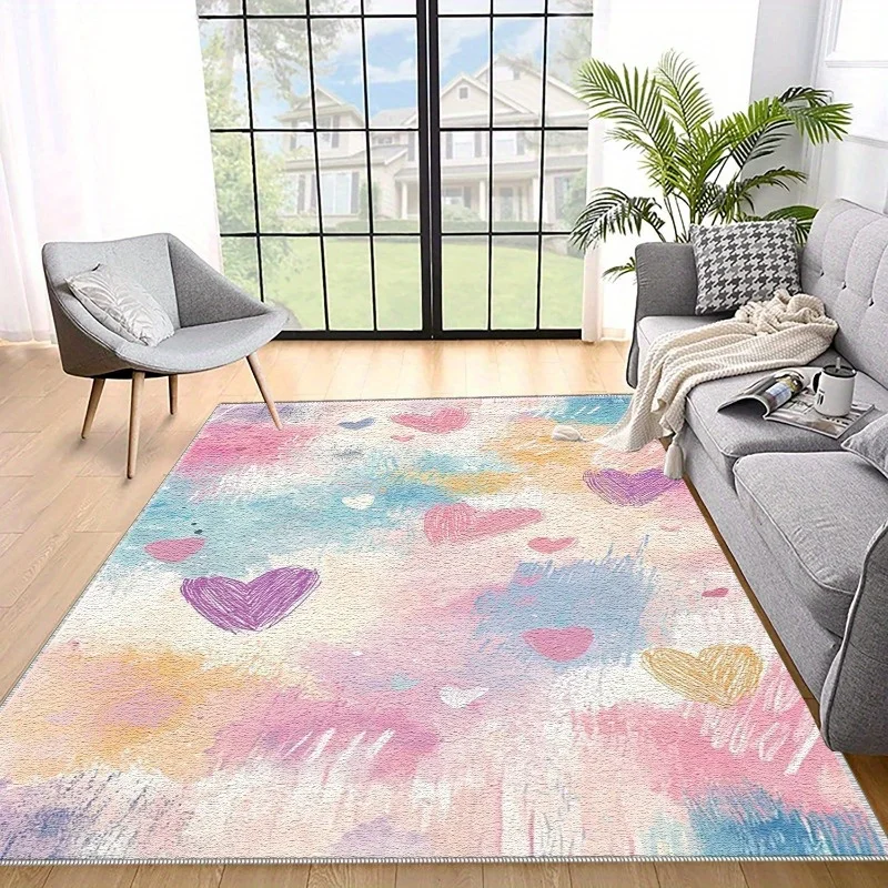 VIKAMA Cute Abstract Heart Indoor Rug Soft Pastel Watercolor Scribble Pattern Non‑Slip Stain‑Resistant Washable Floor Mat Home